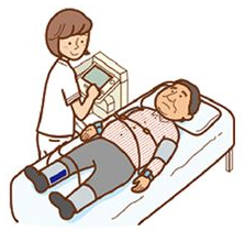 横になってCAVI検査を受ける患者さんと看護師のイラスト