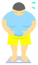 体重計に乗ってお腹を気にする男性のイラスト