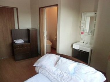 洗面台とトイレの扉が見える特別室